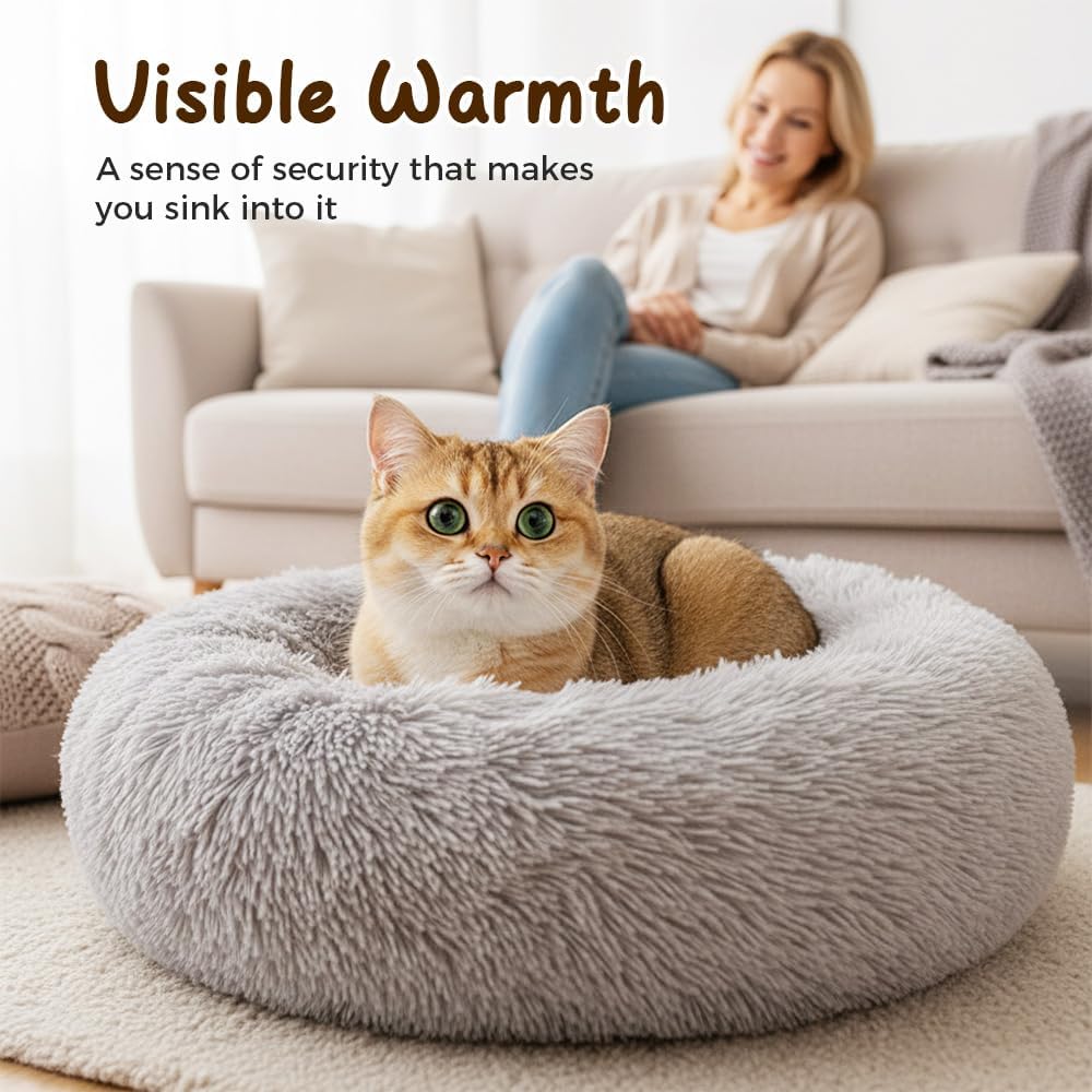 Calming Donut Dog Bed, Anti-Anxiety Soft Round Cat Bed with Fluffy Plush Faux, Cozy Washable Pet Beds Cushion for Small Medium Large Pets Indoor Outdoor Use (Beige, 31.5 in)