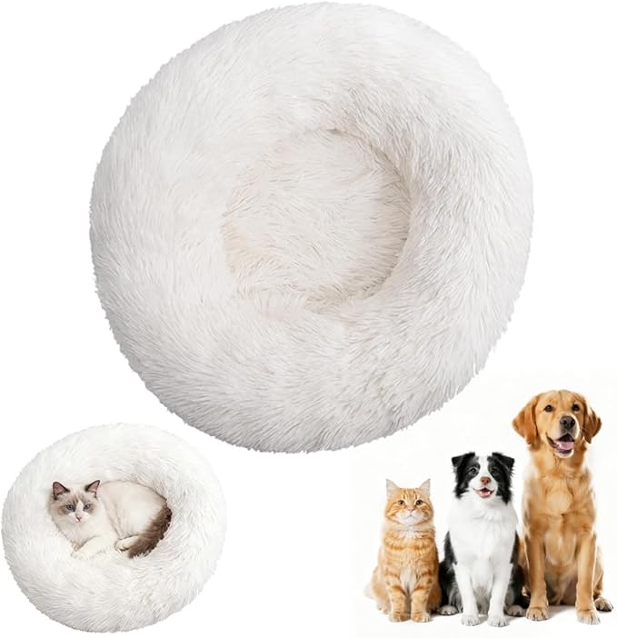 Calming Donut Dog Bed, Anti-Anxiety Soft Round Cat Bed with Fluffy Plush Faux, Cozy Washable Pet Beds Cushion for Small Medium Large Pets Indoor Outdoor Use (Beige, 31.5 in)