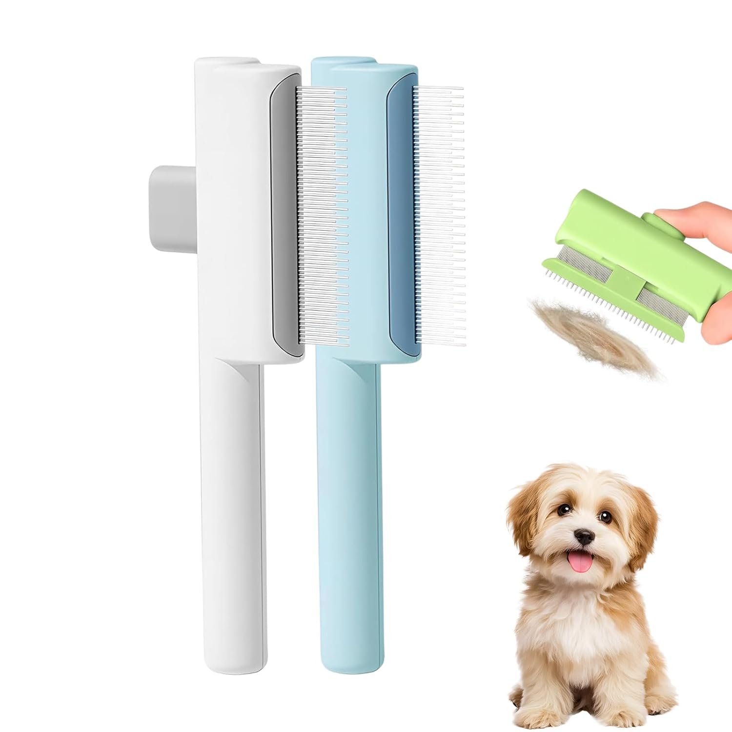 2026 Upgraded Pet Grooming Brush, Dogs And Cats Hair Brush with Release Button, Pet Deshedding & Flea Comb, Removes Fleas, Long & Short Comb Teeth