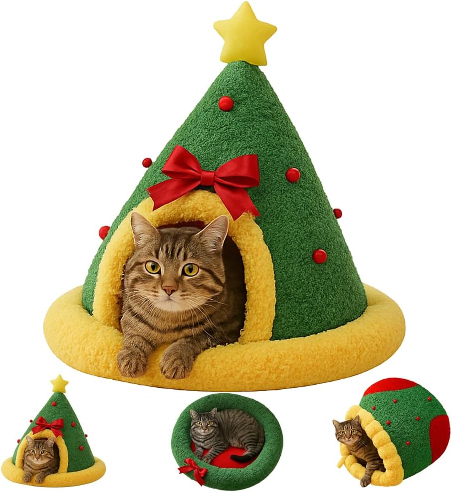Christmas Tree Triangle Cat Cave Bed, Festive Pet Hideout with Plush Cushion,Cozy Semi-Enclosed Winter Bed with Wide Entrance,Holiday Home Décor for Cats & Small Pets (Circle, M)