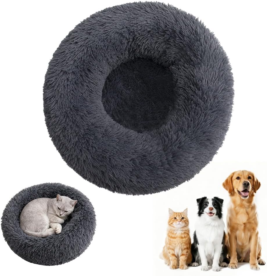 Calming Donut Dog Bed, Anti-Anxiety Soft Round Cat Bed with Fluffy Plush Faux, Cozy Washable Pet Beds Cushion for Small Medium Large Pets Indoor Outdoor Use (Beige, 31.5 in)