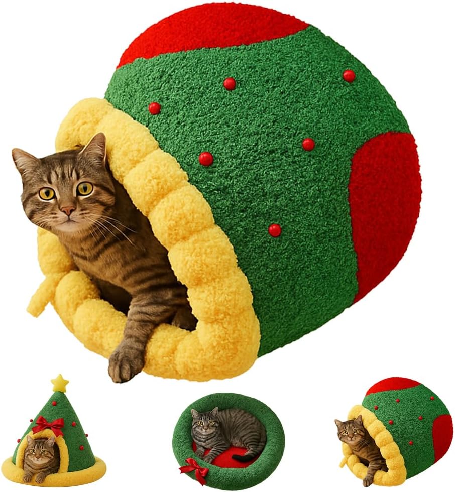 Christmas Tree Triangle Cat Cave Bed, Festive Pet Hideout with Plush Cushion,Cozy Semi-Enclosed Winter Bed with Wide Entrance,Holiday Home Décor for Cats & Small Pets (Circle, M)
