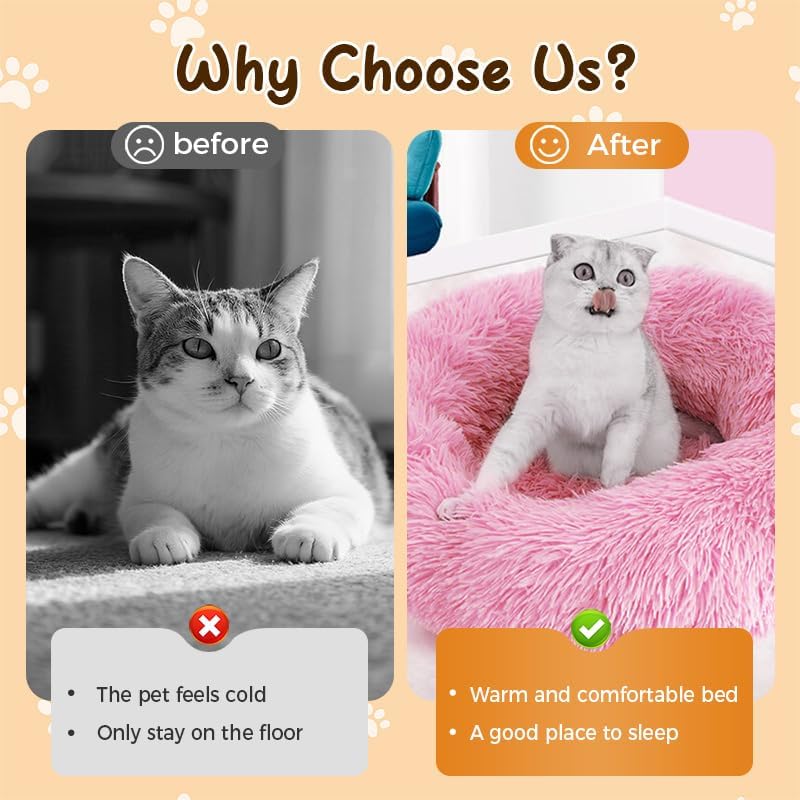 Calming Donut Dog Bed, Anti-Anxiety Soft Round Cat Bed with Fluffy Plush Faux, Cozy Washable Pet Beds Cushion for Small Medium Large Pets Indoor Outdoor Use (Beige, 31.5 in)