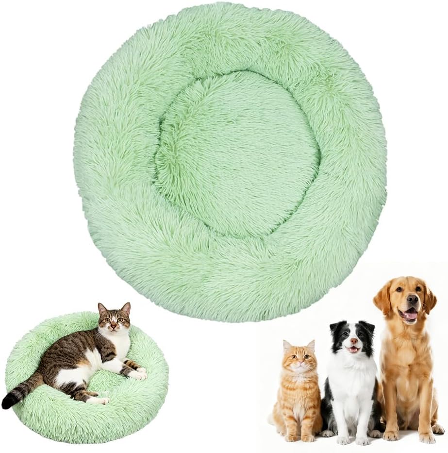 Calming Donut Dog Bed, Anti-Anxiety Soft Round Cat Bed with Fluffy Plush Faux, Cozy Washable Pet Beds Cushion for Small Medium Large Pets Indoor Outdoor Use (Beige, 31.5 in)