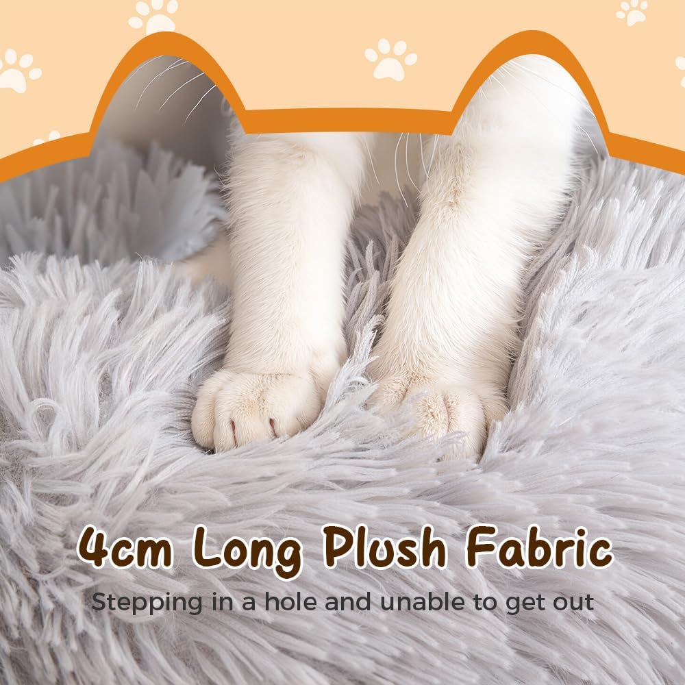 Calming Donut Dog Bed, Anti-Anxiety Soft Round Cat Bed with Fluffy Plush Faux, Cozy Washable Pet Beds Cushion for Small Medium Large Pets Indoor Outdoor Use (Beige, 31.5 in)