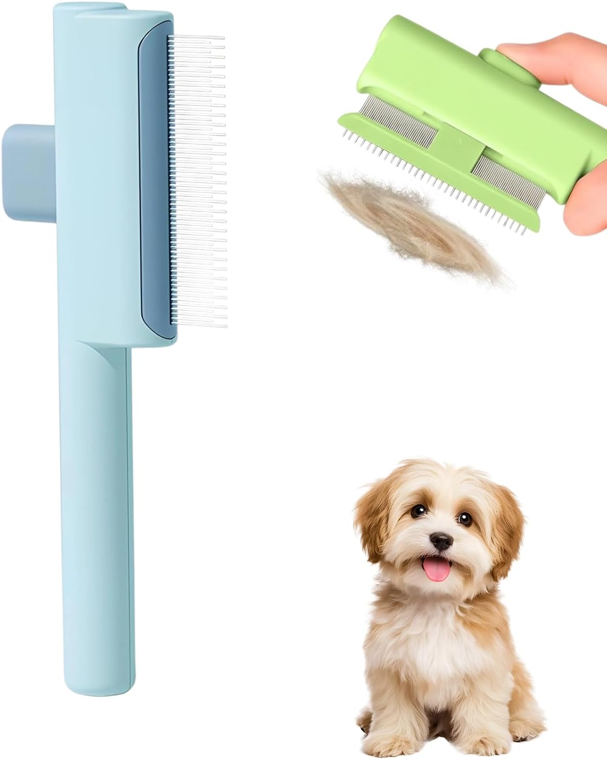 2026 Upgraded Pet Grooming Brush, Dogs And Cats Hair Brush with Release Button, Pet Deshedding & Flea Comb, Removes Fleas, Long & Short Comb Teeth