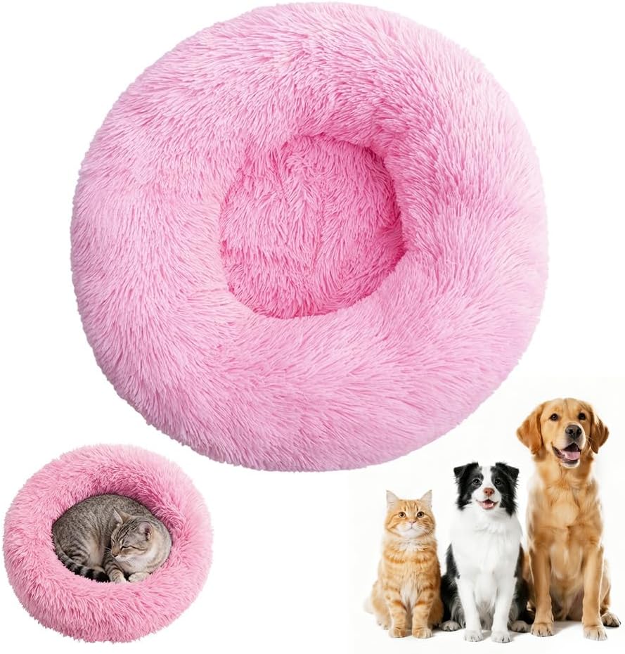 Calming Donut Dog Bed, Anti-Anxiety Soft Round Cat Bed with Fluffy Plush Faux, Cozy Washable Pet Beds Cushion for Small Medium Large Pets Indoor Outdoor Use (Beige, 31.5 in)