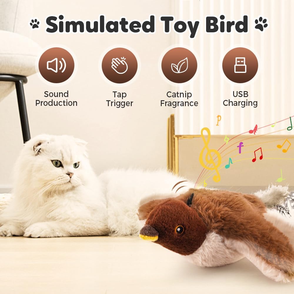 2026 New Flappy Chase Cat Toy, Interactive Chirping Bird Cat Toy with Remote Control, Chirping Bird Cat Toy Flapping Wings, Flying Interactive Simulation Electric Cat Toy (Brown)