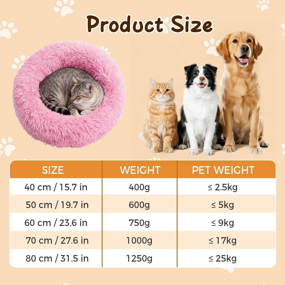 Calming Donut Dog Bed, Anti-Anxiety Soft Round Cat Bed with Fluffy Plush Faux, Cozy Washable Pet Beds Cushion for Small Medium Large Pets Indoor Outdoor Use (Beige, 31.5 in)