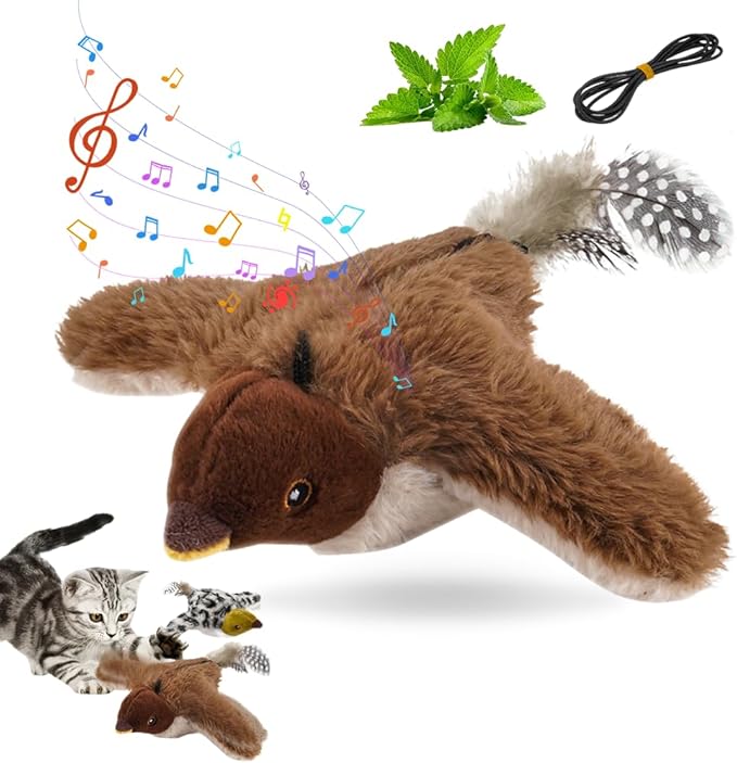 2026 New Flappy Chase Cat Toy, Interactive Chirping Bird Cat Toy with Remote Control, Chirping Bird Cat Toy Flapping Wings, Flying Interactive Simulation Electric Cat Toy (Brown)