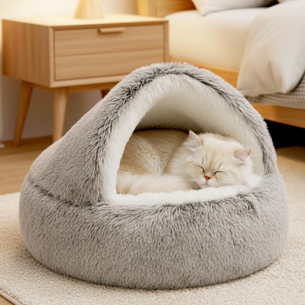 Plush Hooded Cat Bed, 2026 Upgrade Covered Cat Beds for Indoor Cats, Fluffy Round Cat Cave, Cozy Warming Small Dog Nest Bed for Pet Puppy Kitten(Green,15.75 * 1.97in)