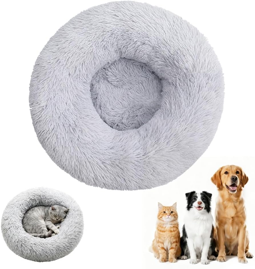 Calming Donut Dog Bed, Anti-Anxiety Soft Round Cat Bed with Fluffy Plush Faux, Cozy Washable Pet Beds Cushion for Small Medium Large Pets Indoor Outdoor Use (Beige, 31.5 in)
