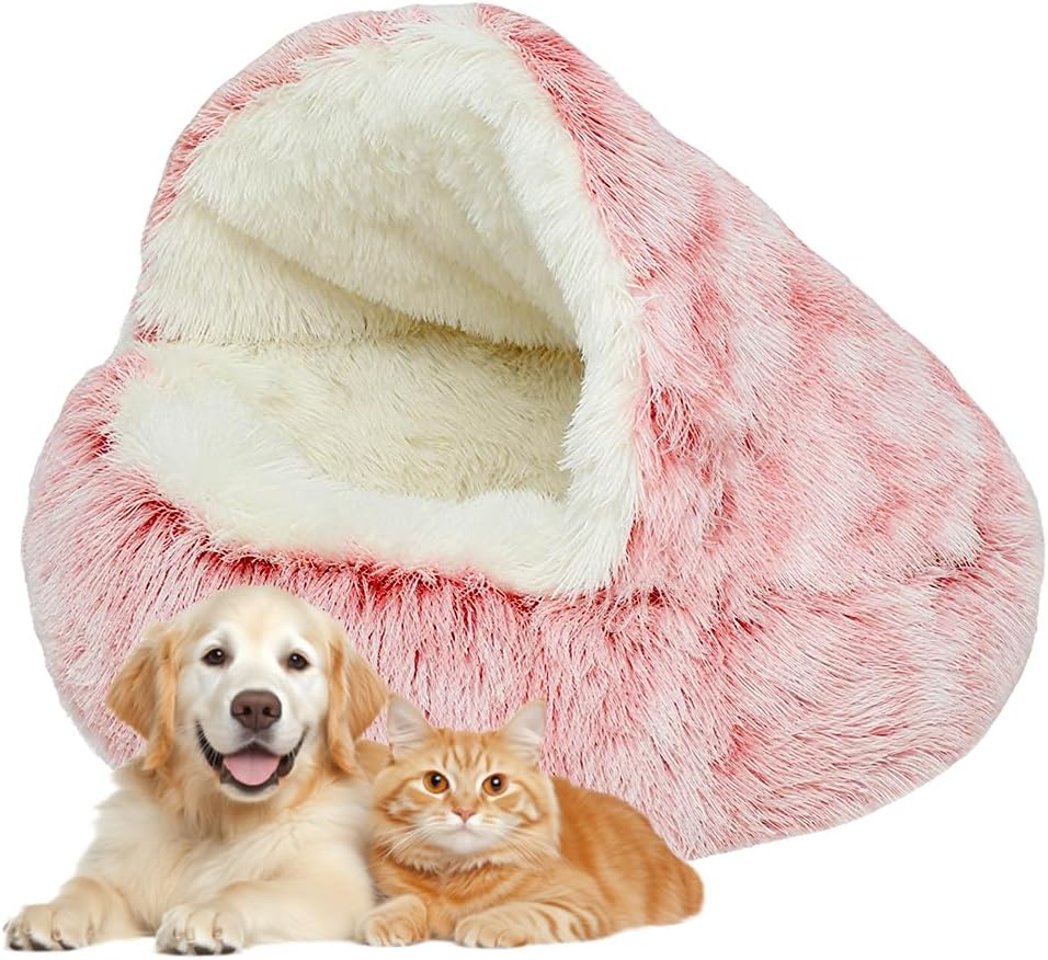 Plush Hooded Cat Bed, 2026 Upgrade Covered Cat Beds for Indoor Cats, Fluffy Round Cat Cave, Cozy Warming Small Dog Nest Bed for Pet Puppy Kitten(Green,15.75 * 1.97in)