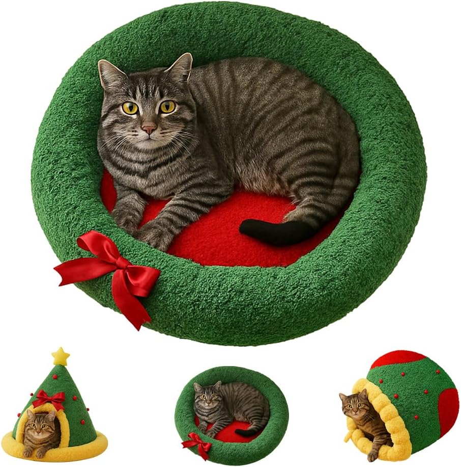 Christmas Tree Triangle Cat Cave Bed, Festive Pet Hideout with Plush Cushion,Cozy Semi-Enclosed Winter Bed with Wide Entrance,Holiday Home Décor for Cats & Small Pets (Circle, M)