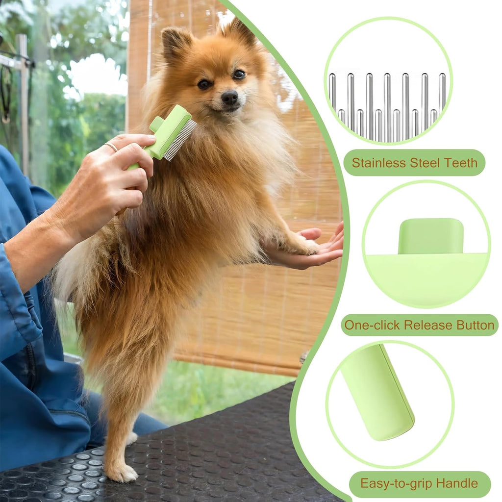 2026 Upgraded Pet Grooming Brush, Dogs And Cats Hair Brush with Release Button, Pet Deshedding & Flea Comb, Removes Fleas, Long & Short Comb Teeth