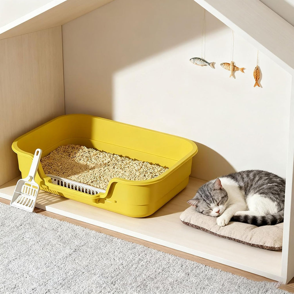 Semi Enclosed Cat Litter Box with Low Entry, High Wall Low Entry Litter Box for Indoor Cats, Litter Pan with High Sides for Indoor Pet Potty, Easy to Clean, Anti-Splashing (Grey)