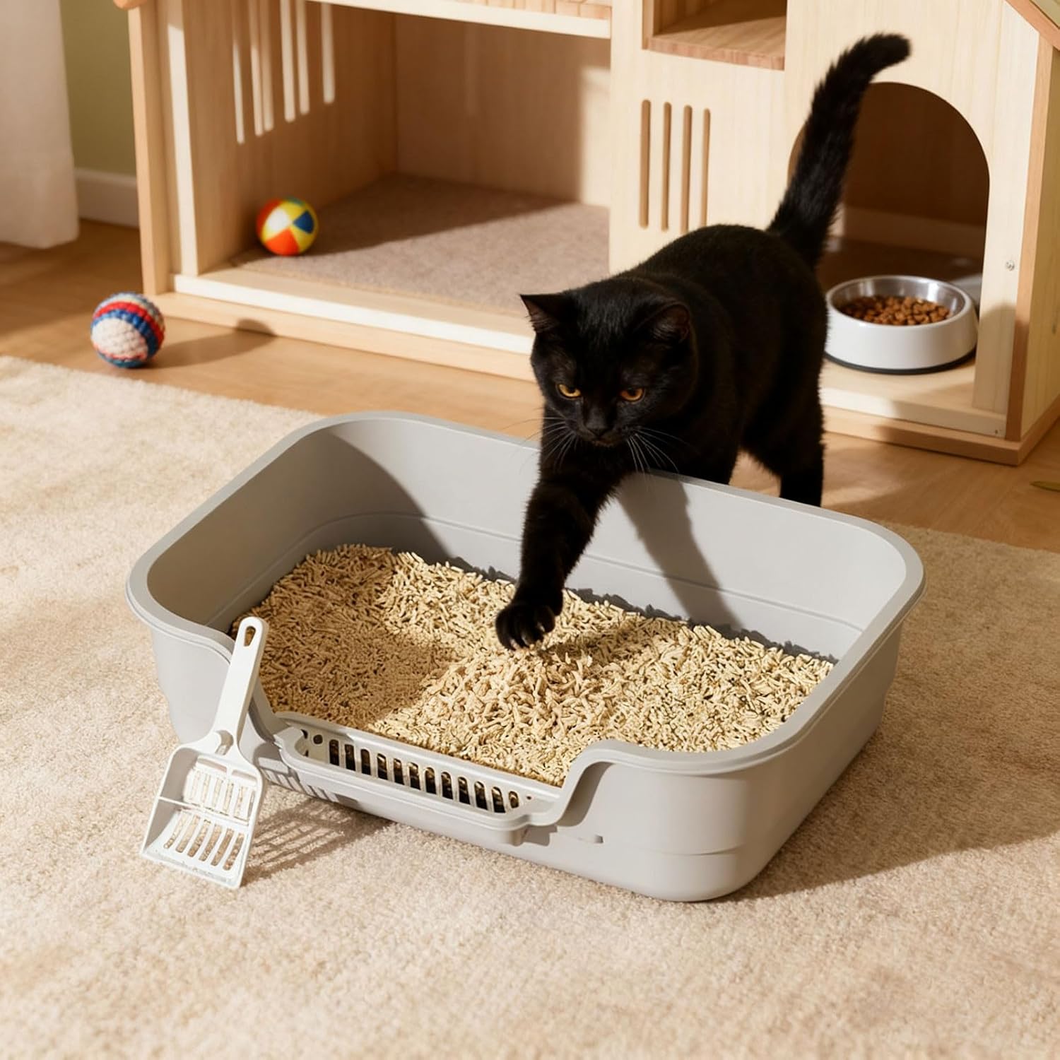 Semi Enclosed Cat Litter Box with Low Entry, High Wall Low Entry Litter Box for Indoor Cats, Litter Pan with High Sides for Indoor Pet Potty, Easy to Clean, Anti-Splashing (Grey)
