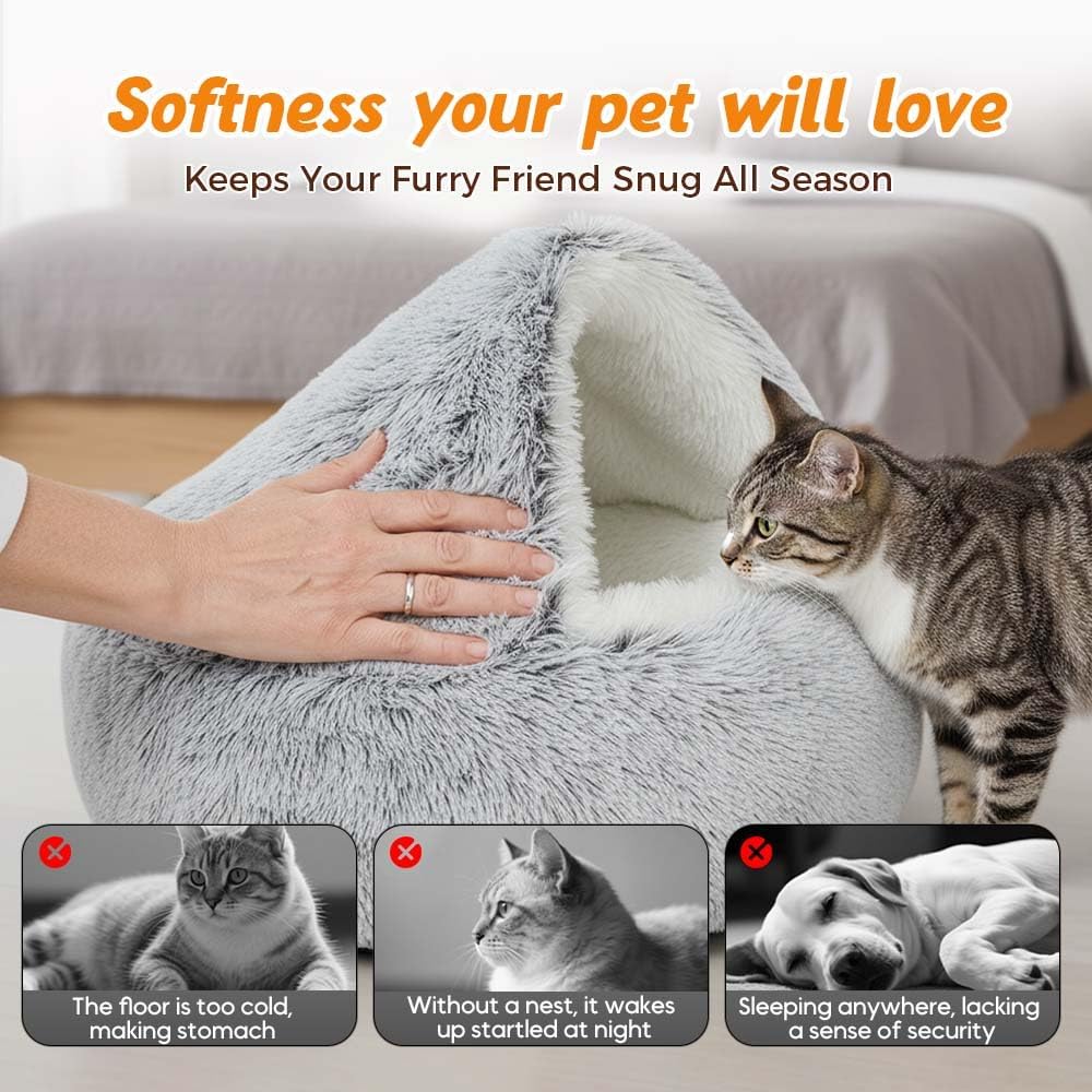 Plush Hooded Cat Bed, 2026 Upgrade Covered Cat Beds for Indoor Cats, Fluffy Round Cat Cave, Cozy Warming Small Dog Nest Bed for Pet Puppy Kitten(Green,15.75 * 1.97in)