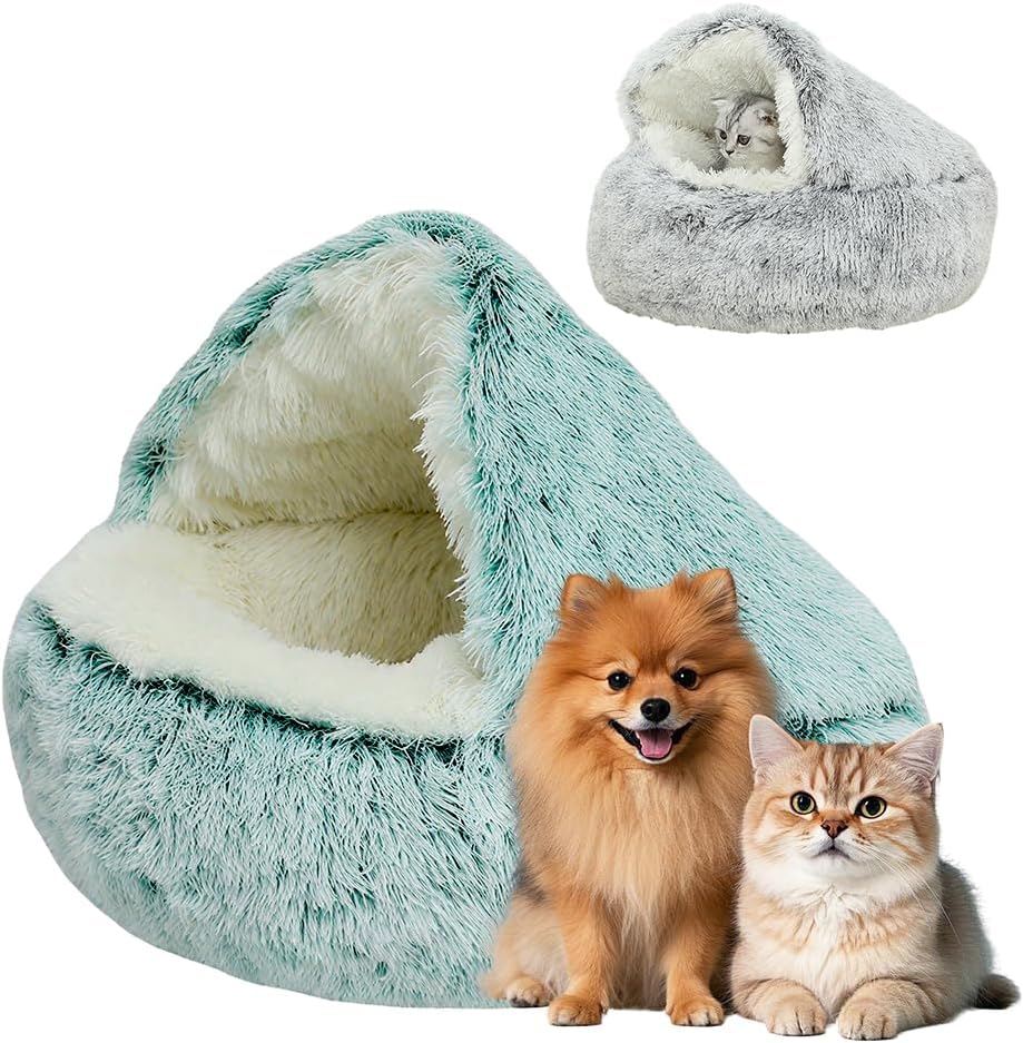 Plush Hooded Cat Bed, 2026 Upgrade Covered Cat Beds for Indoor Cats, Fluffy Round Cat Cave, Cozy Warming Small Dog Nest Bed for Pet Puppy Kitten(Green,15.75 * 1.97in)