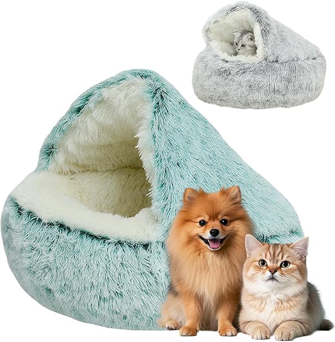 Plush Hooded Cat Bed, 2026 Upgrade Covered Cat Beds for Indoor Cats, Fluffy Round Cat Cave, Cozy Warming Small Dog Nest Bed for Pet Puppy Kitten(Green,15.75 * 1.97in)