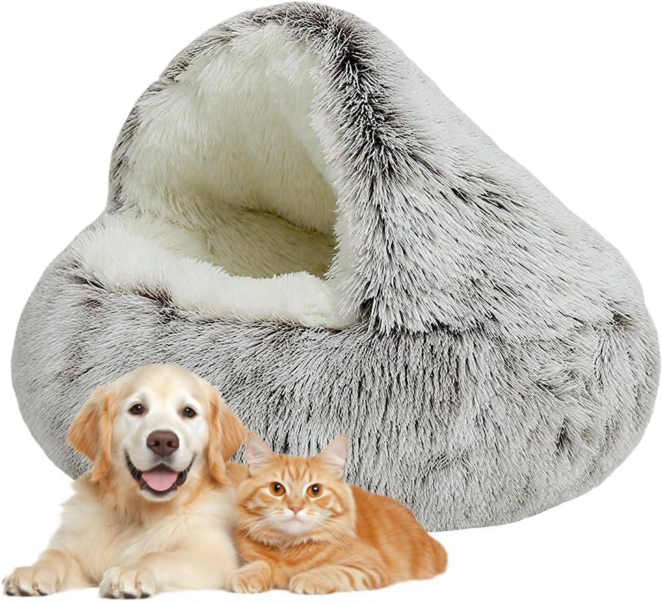 Plush Hooded Cat Bed, 2026 Upgrade Covered Cat Beds for Indoor Cats, Fluffy Round Cat Cave, Cozy Warming Small Dog Nest Bed for Pet Puppy Kitten(Green,15.75 * 1.97in)