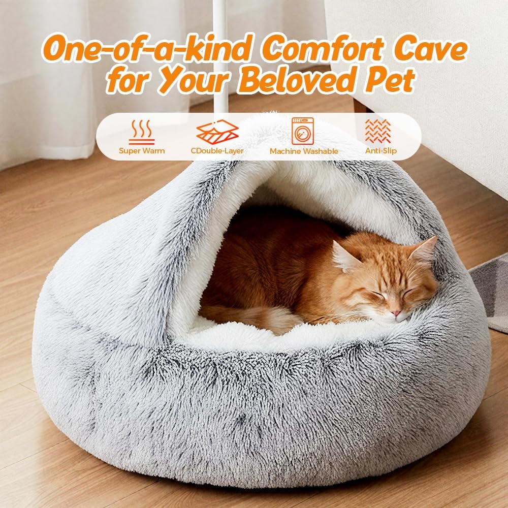 Plush Hooded Cat Bed, 2026 Upgrade Covered Cat Beds for Indoor Cats, Fluffy Round Cat Cave, Cozy Warming Small Dog Nest Bed for Pet Puppy Kitten(Green,15.75 * 1.97in)