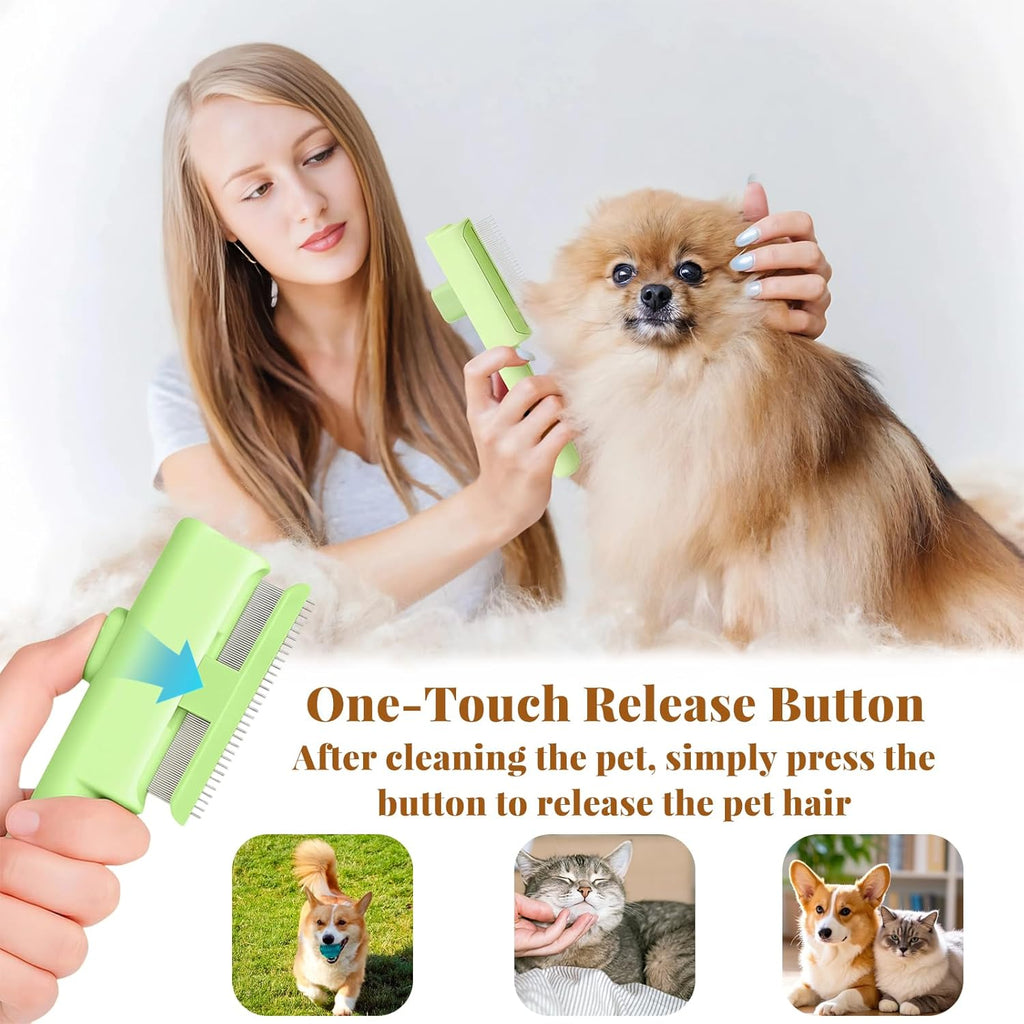 2026 Upgraded Pet Grooming Brush, Dogs And Cats Hair Brush with Release Button, Pet Deshedding & Flea Comb, Removes Fleas, Long & Short Comb Teeth