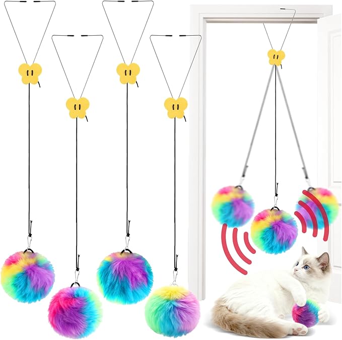 4Pcs Interactive Cat Toy Ball Hanging Cat Toys for Indoor Cats Toy Door Frame Retractable Cats Teaser Toys Silent Bell Kitten Play Chase Exercise Ball Mental Physical Stimulation for Breeds Species