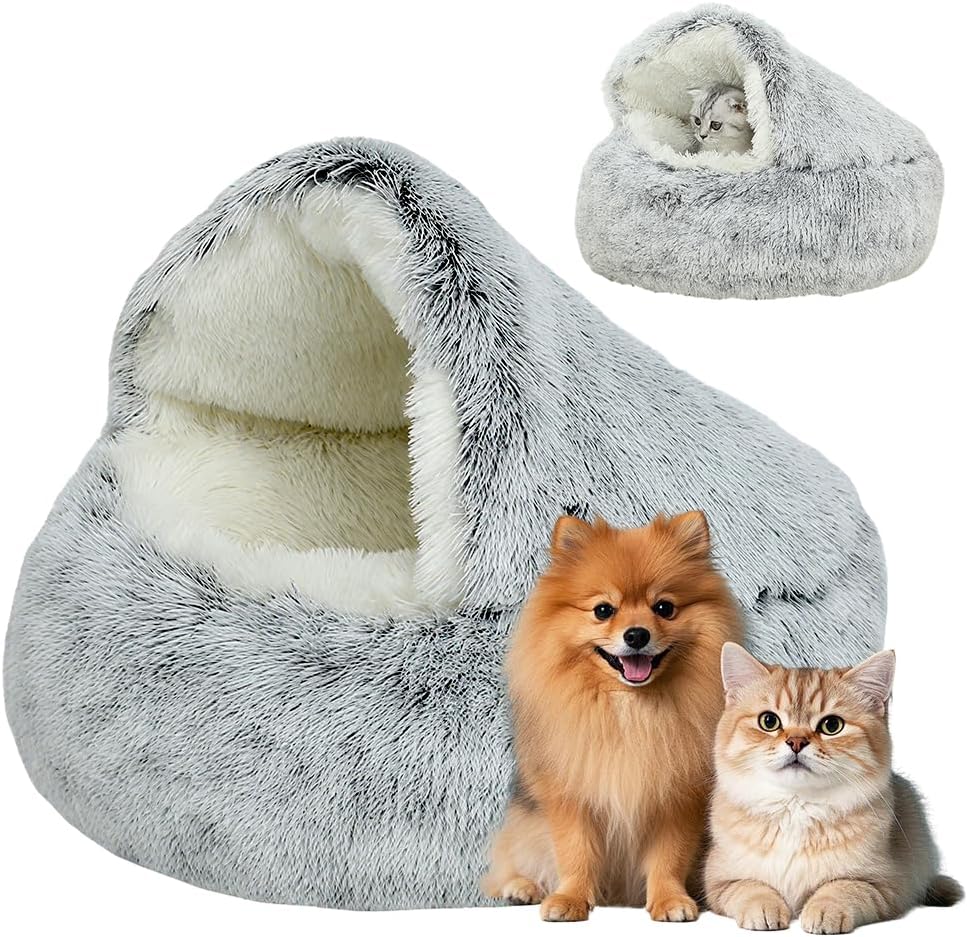Plush Hooded Cat Bed, 2026 Upgrade Covered Cat Beds for Indoor Cats, Fluffy Round Cat Cave, Cozy Warming Small Dog Nest Bed for Pet Puppy Kitten(Green,15.75 * 1.97in)