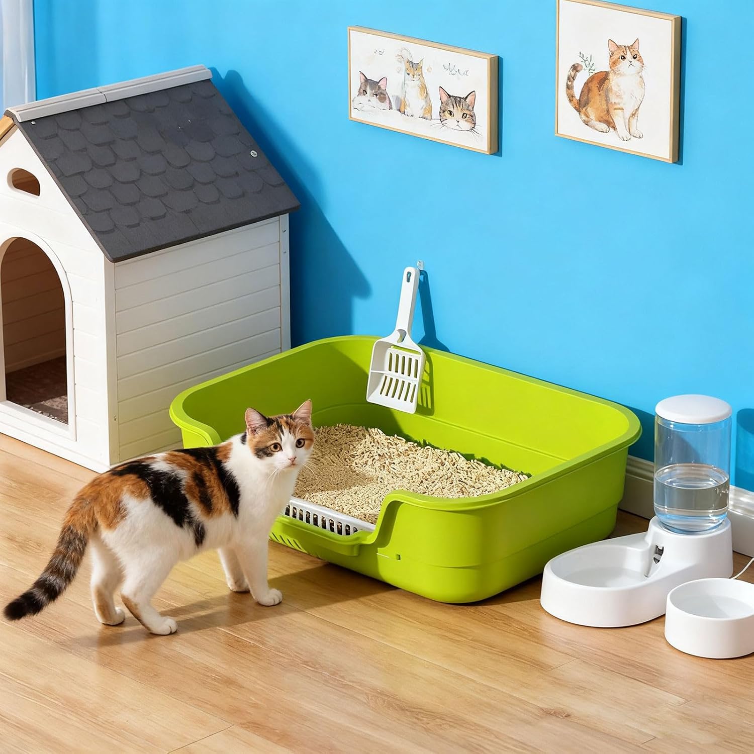 Semi Enclosed Cat Litter Box with Low Entry, High Wall Low Entry Litter Box for Indoor Cats, Litter Pan with High Sides for Indoor Pet Potty, Easy to Clean, Anti-Splashing (Grey)