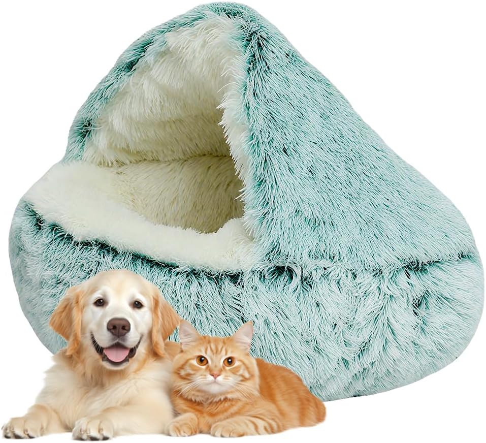 Plush Hooded Cat Bed, 2026 Upgrade Covered Cat Beds for Indoor Cats, Fluffy Round Cat Cave, Cozy Warming Small Dog Nest Bed for Pet Puppy Kitten(Green,15.75 * 1.97in)