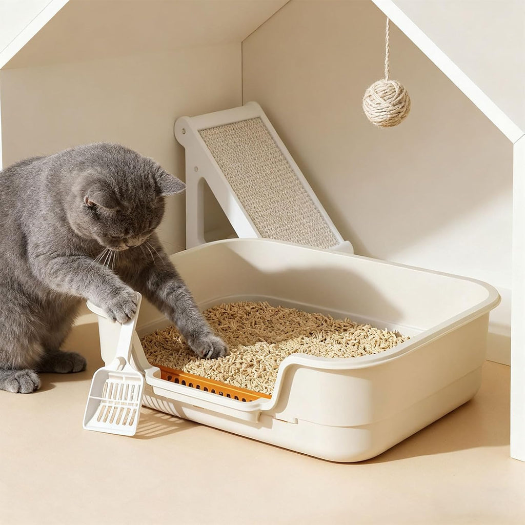 Semi Enclosed Cat Litter Box with Low Entry, High Wall Low Entry Litter Box for Indoor Cats, Litter Pan with High Sides for Indoor Pet Potty, Easy to Clean, Anti-Splashing (Grey)