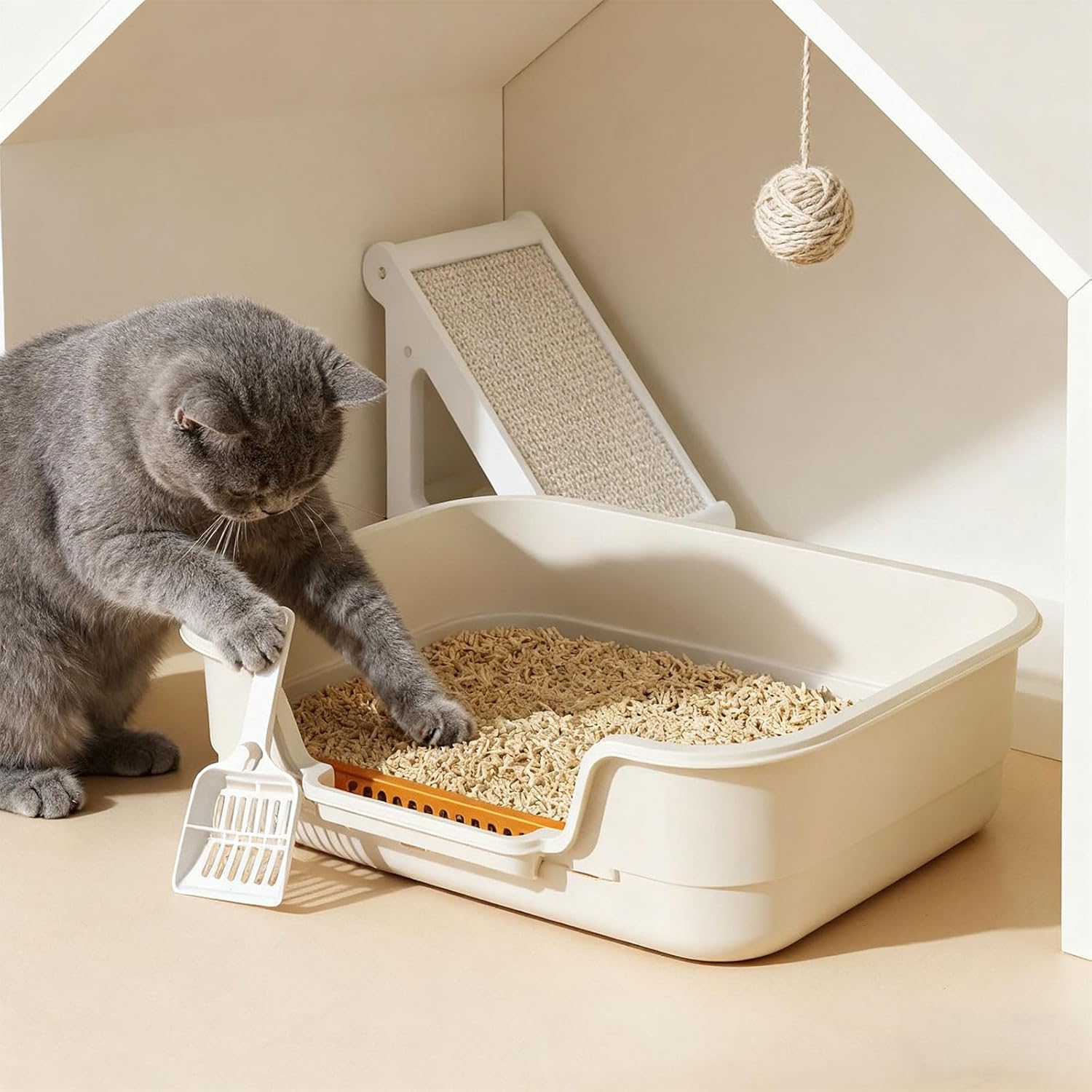 Semi Enclosed Cat Litter Box with Low Entry, High Wall Low Entry Litter Box for Indoor Cats, Litter Pan with High Sides for Indoor Pet Potty, Easy to Clean, Anti-Splashing (Grey)