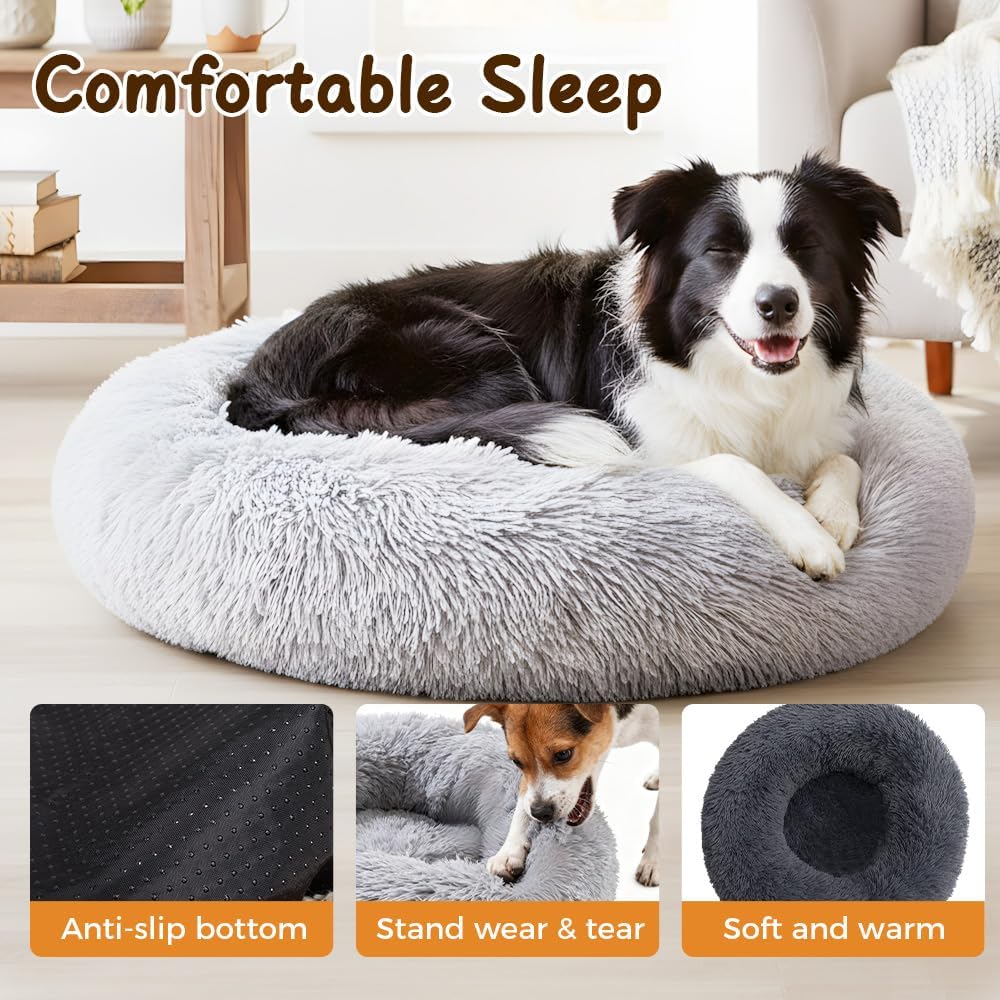 Calming Donut Dog Bed, Anti-Anxiety Soft Round Cat Bed with Fluffy Plush Faux, Cozy Washable Pet Beds Cushion for Small Medium Large Pets Indoor Outdoor Use (Beige, 31.5 in)