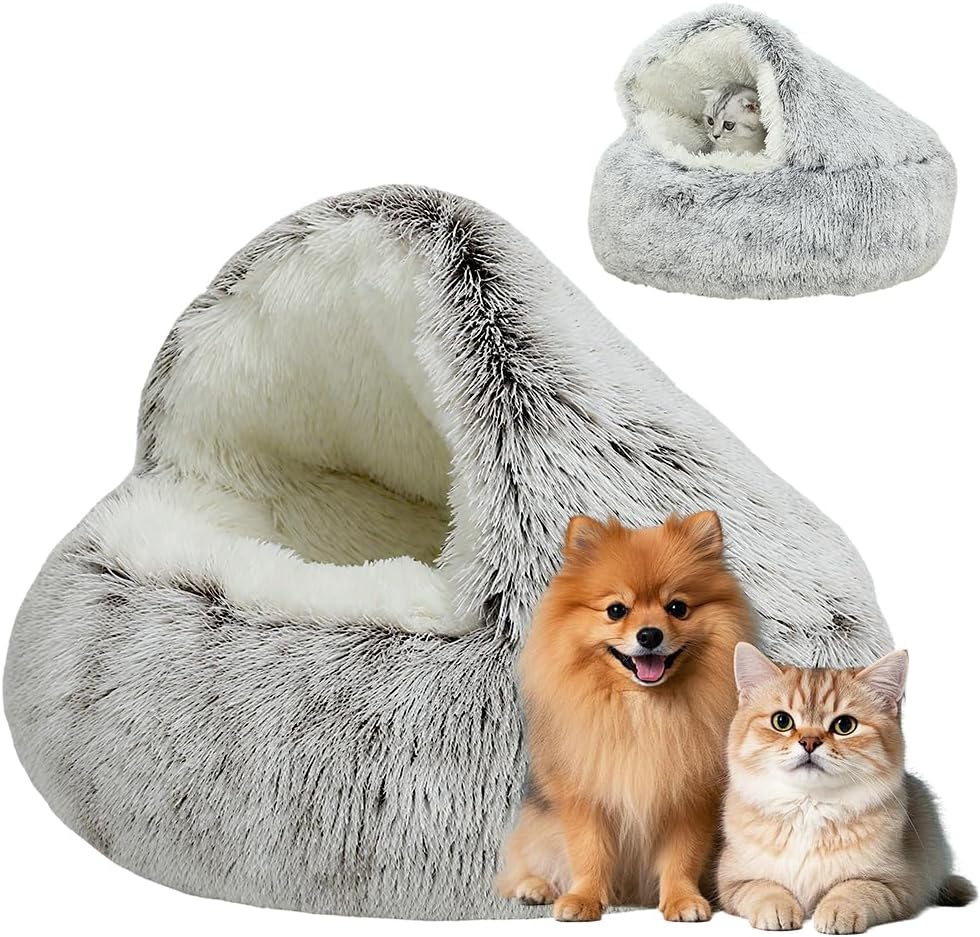 Plush Hooded Cat Bed, 2026 Upgrade Covered Cat Beds for Indoor Cats, Fluffy Round Cat Cave, Cozy Warming Small Dog Nest Bed for Pet Puppy Kitten(Green,15.75 * 1.97in)