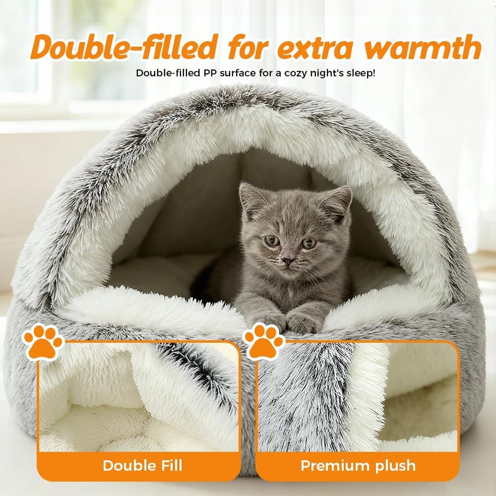 Plush Hooded Cat Bed, 2026 Upgrade Covered Cat Beds for Indoor Cats, Fluffy Round Cat Cave, Cozy Warming Small Dog Nest Bed for Pet Puppy Kitten(Green,15.75 * 1.97in)
