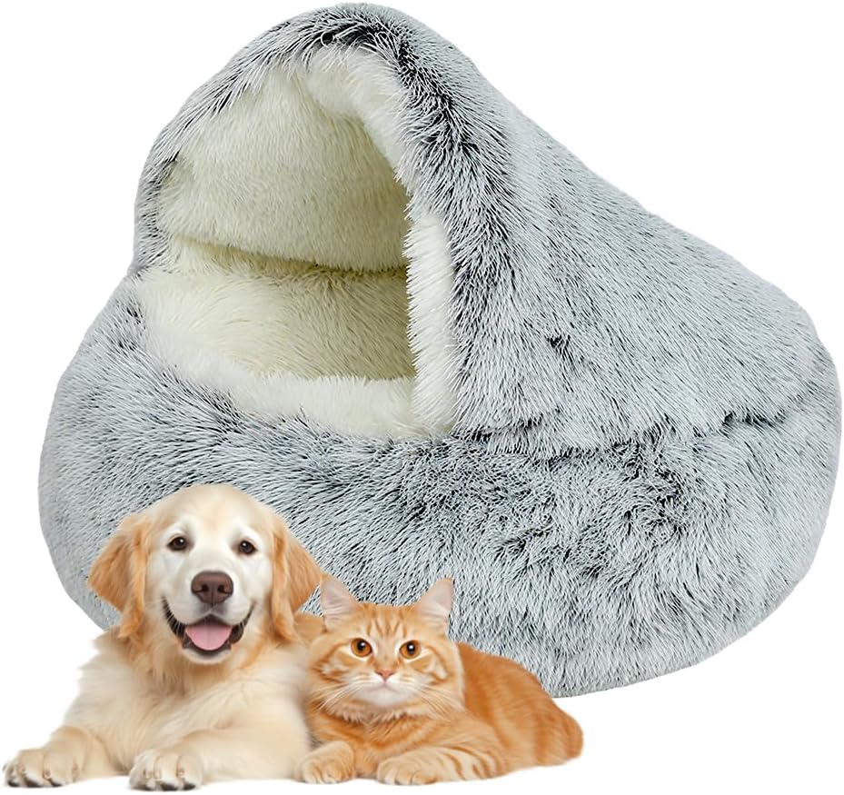 Plush Hooded Cat Bed, 2026 Upgrade Covered Cat Beds for Indoor Cats, Fluffy Round Cat Cave, Cozy Warming Small Dog Nest Bed for Pet Puppy Kitten(Green,15.75 * 1.97in)