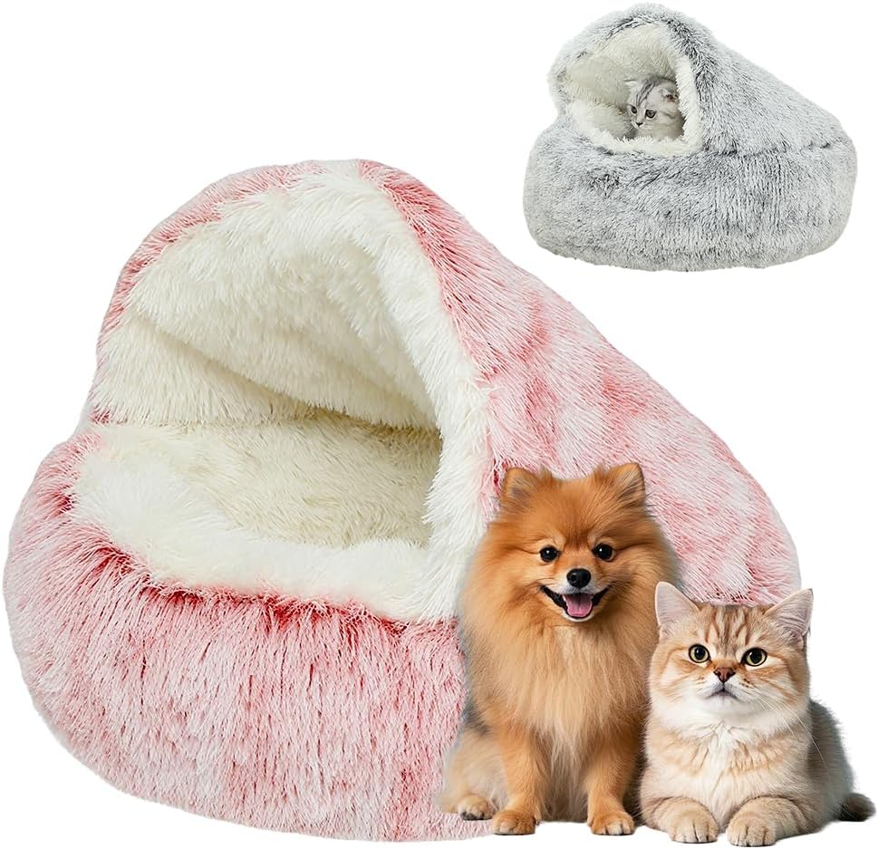 Plush Hooded Cat Bed, 2026 Upgrade Covered Cat Beds for Indoor Cats, Fluffy Round Cat Cave, Cozy Warming Small Dog Nest Bed for Pet Puppy Kitten(Green,15.75 * 1.97in)