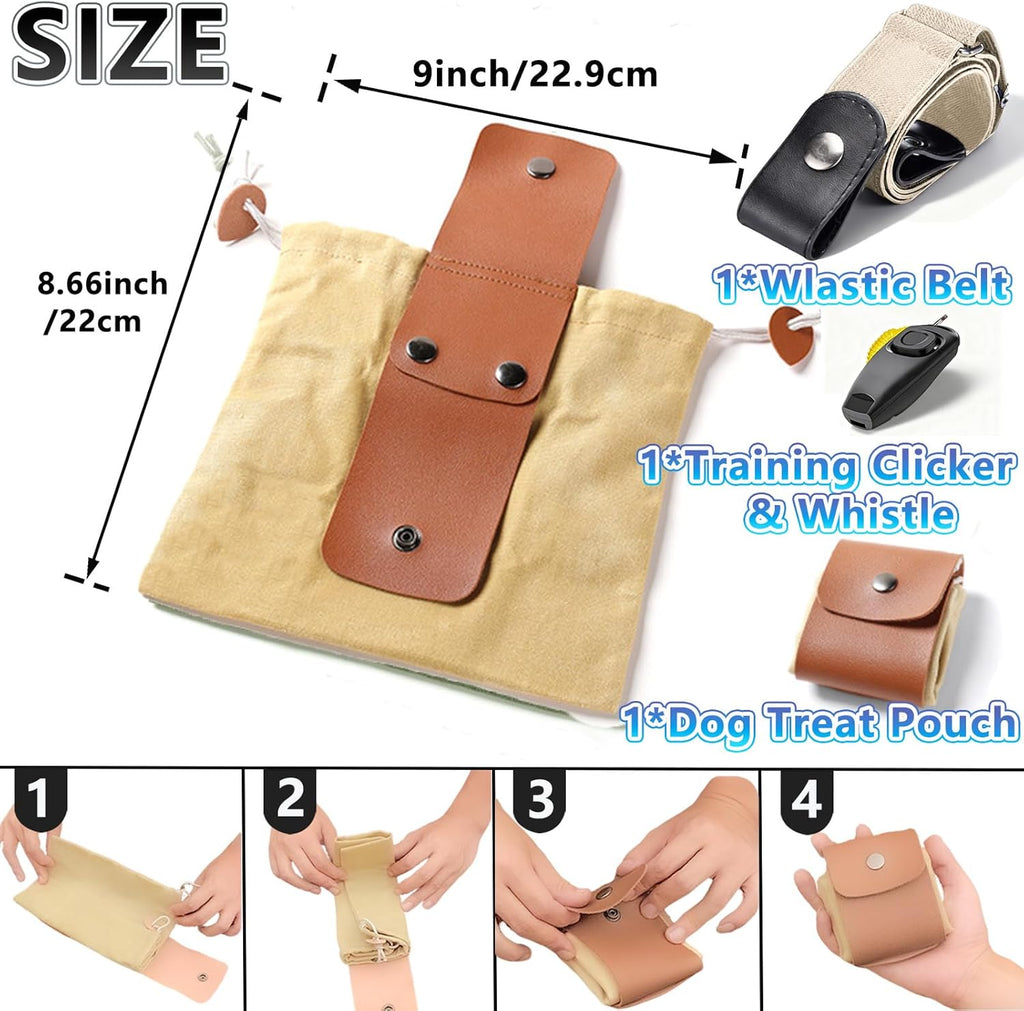 Dog Treat Pouch with Training Clicker & Whistle - Stylish & Portable Large-Capacity Foldable Pet Training Pouch with Wlastic Belt for Outdoor Use/Pet Training (Brown)