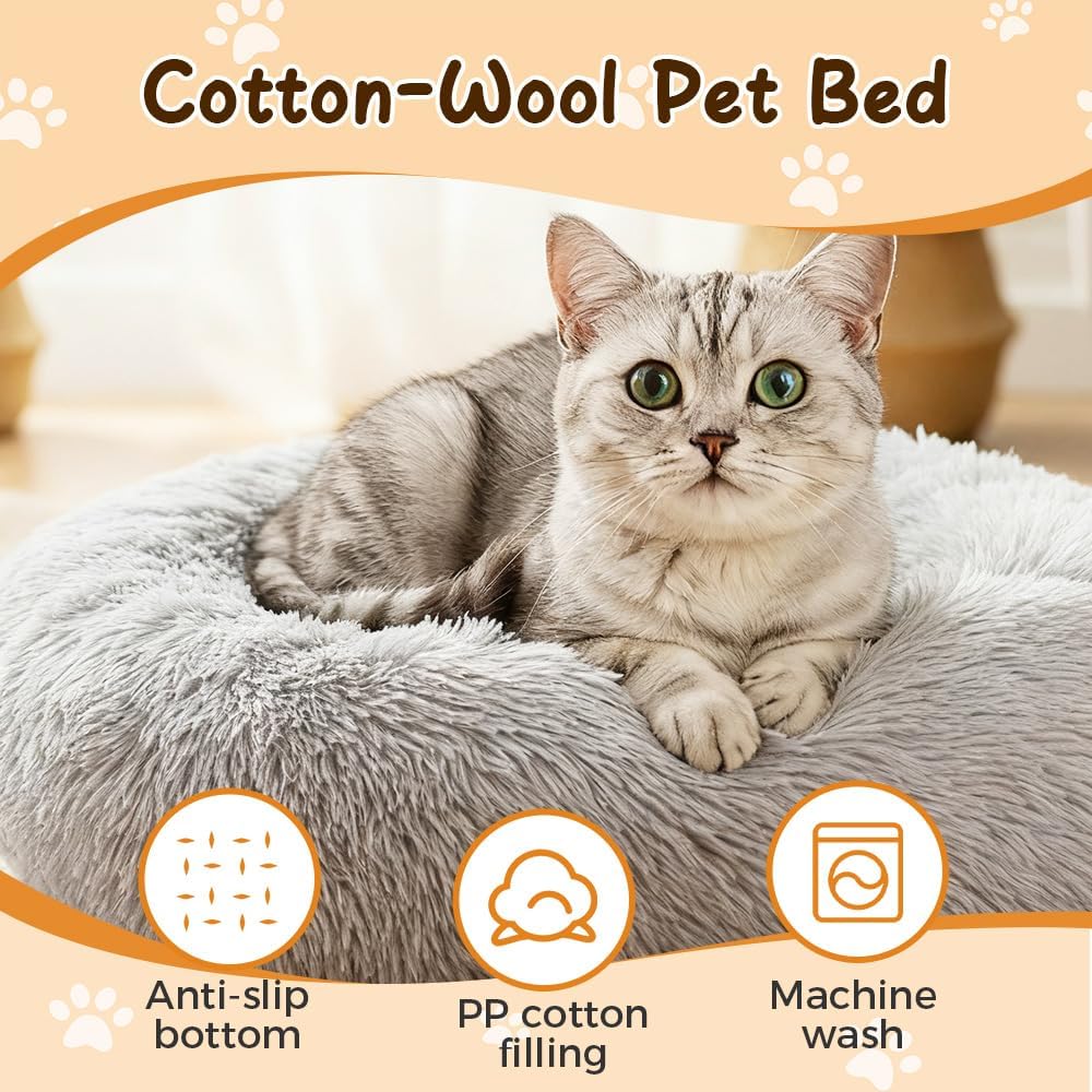 Calming Donut Dog Bed, Anti-Anxiety Soft Round Cat Bed with Fluffy Plush Faux, Cozy Washable Pet Beds Cushion for Small Medium Large Pets Indoor Outdoor Use (Beige, 31.5 in)