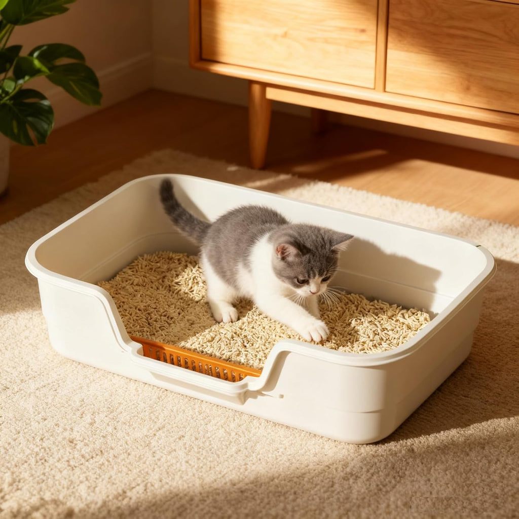 Semi Enclosed Cat Litter Box with Low Entry, High Wall Low Entry Litter Box for Indoor Cats, Litter Pan with High Sides for Indoor Pet Potty, Easy to Clean, Anti-Splashing (Grey)