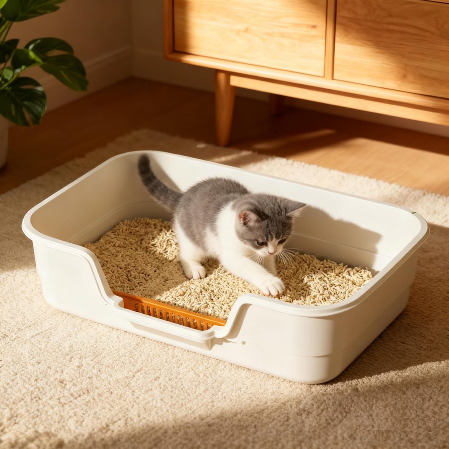 Semi Enclosed Cat Litter Box with Low Entry, High Wall Low Entry Litter Box for Indoor Cats, Litter Pan with High Sides for Indoor Pet Potty, Easy to Clean, Anti-Splashing (Grey)