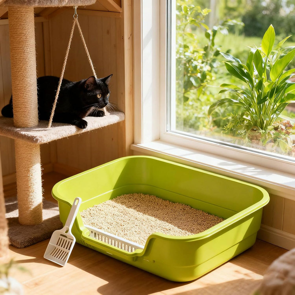 Semi Enclosed Cat Litter Box with Low Entry, High Wall Low Entry Litter Box for Indoor Cats, Litter Pan with High Sides for Indoor Pet Potty, Easy to Clean, Anti-Splashing (Grey)