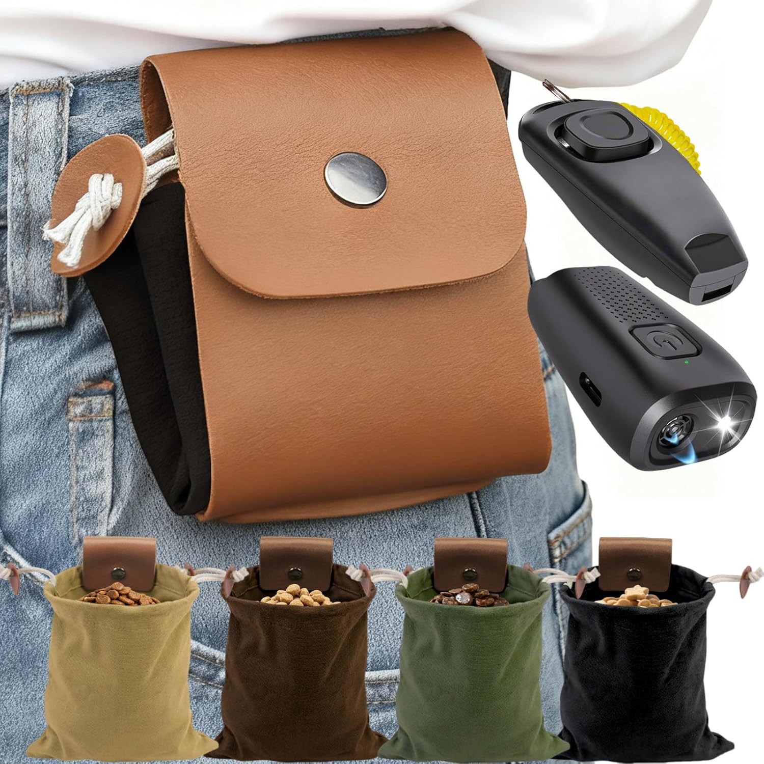 Dog Treat Pouch with Training Clicker & Whistle - Stylish & Portable Large-Capacity Foldable Pet Training Pouch with Wlastic Belt for Outdoor Use/Pet Training (Brown)