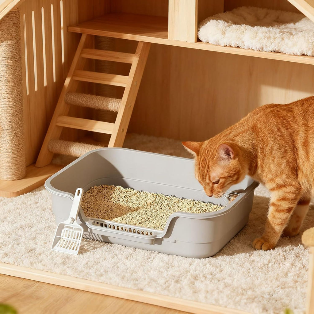 Semi Enclosed Cat Litter Box with Low Entry, High Wall Low Entry Litter Box for Indoor Cats, Litter Pan with High Sides for Indoor Pet Potty, Easy to Clean, Anti-Splashing (Grey)