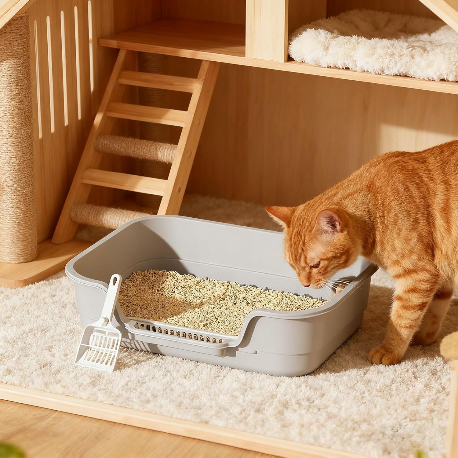 Semi Enclosed Cat Litter Box with Low Entry, High Wall Low Entry Litter Box for Indoor Cats, Litter Pan with High Sides for Indoor Pet Potty, Easy to Clean, Anti-Splashing (Grey)