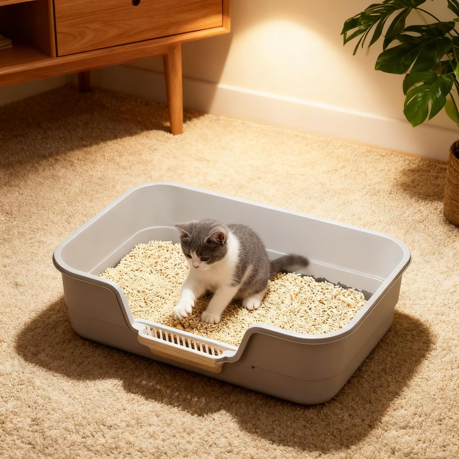 Semi Enclosed Cat Litter Box with Low Entry, High Wall Low Entry Litter Box for Indoor Cats, Litter Pan with High Sides for Indoor Pet Potty, Easy to Clean, Anti-Splashing (Grey)