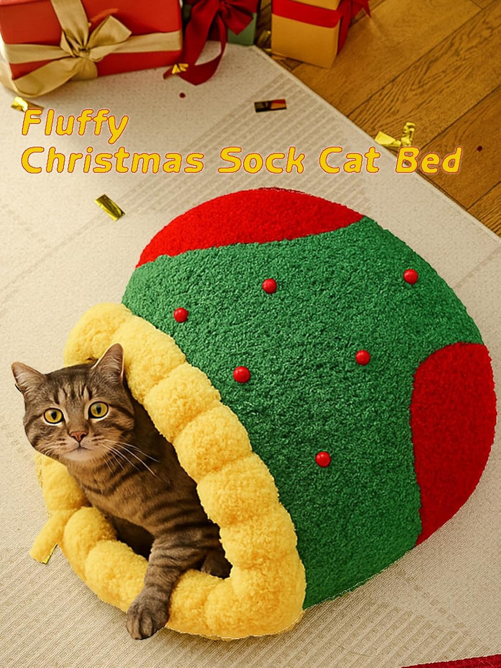 Christmas Tree Triangle Cat Cave Bed, Festive Pet Hideout with Plush Cushion,Cozy Semi-Enclosed Winter Bed with Wide Entrance,Holiday Home Décor for Cats & Small Pets (Circle, M)