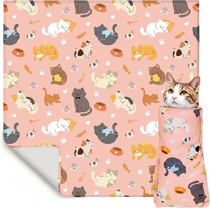 31.5" Cat Grooming Wrap - Pink Large Self-Adhesive Cat Restraint Wrap Cutting Nails Blanket Anti-Scratch Anti-Escape Multifunctional Swaddle Pet Tool for Pet Cleaning & Beauty (Within 22lbs)