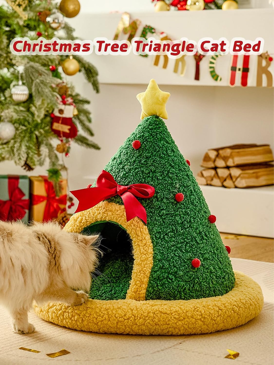 Christmas Tree Triangle Cat Cave Bed, Festive Pet Hideout with Plush Cushion,Cozy Semi-Enclosed Winter Bed with Wide Entrance,Holiday Home Décor for Cats & Small Pets (Circle, M)